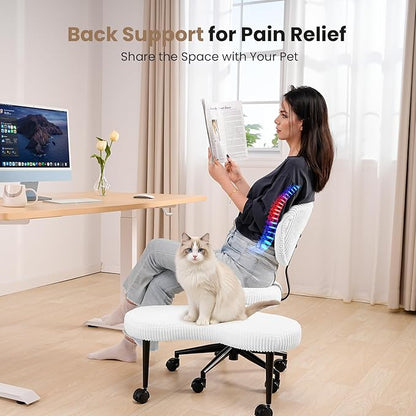 Ergonomic Cross Legged Chair, Wide Vanity Chair with Wheels, Meditation Chair for ADHD, Comfortable Adjustable Swivel Computer Office Desk Chairs for Home, Make Up, Bed Room, Corduroy Fabric, White