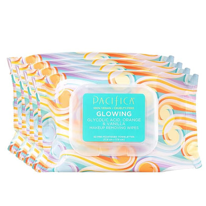 Pacifica Beauty | Glowing Makeup Remover Wipes | Gycolic Acid, Coconut Water, Aloe Infused | Daily Cleansing + Exfoliating | Clean Skin Care | Plant Fiber Facial Towelettes | 4 Count | Vegan