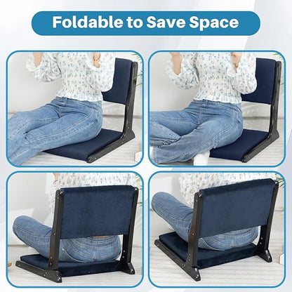 HollyHOME Foldable Tatami Chair, Upholstered Japanese Style Floor Chair, Wood Legless Back Rest Chair with Cushion, Accent Meditation Floor Seat for Bay Window, Living Room, Bedroom, Dark Blue
