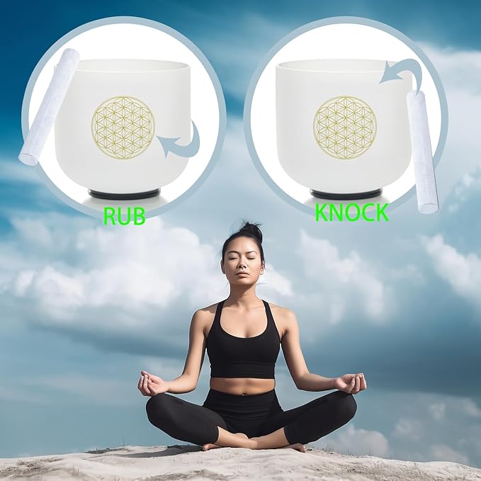 8" C Note 432HZ Flower of Life Crystal Singing Bowl Frosted Quartz Root Base Chakra Meditation Sound Healing with Durable Carrying Case Suede Striker O-ring