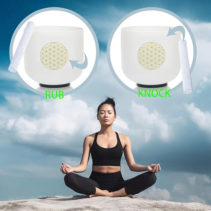 8" C Note 432HZ Flower of Life Crystal Singing Bowl Frosted Quartz Root Base Chakra Meditation Sound Healing with Durable Carrying Case Suede Striker O-ring
