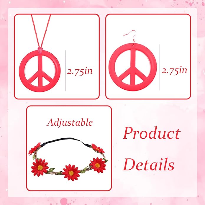 choice of all Peace Sign Necklace Earrings Sunflower Headband Set for Women 60s 70s Outfits Hip Hop Hippie Jewelry Halloween Costume Accessories