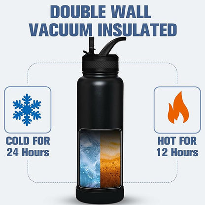 OLDLEY 40 oz Insulated Water Bottle With Straw, Stainless Steel Sports Water Cup Flask with 3 Lids(Straw, Spout and Handle Lid) Double Walled Travel Thermal Canteen Mug,Black