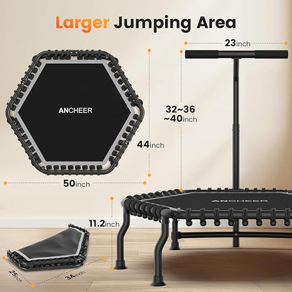 ANCHEER 50" Rebounder Trampoline for Adults- 2025 Foldable Mini Trampoline with Bar- Exercise Trampoline for Adults, Max Load 560lbs, for Indoor/Garden Workout