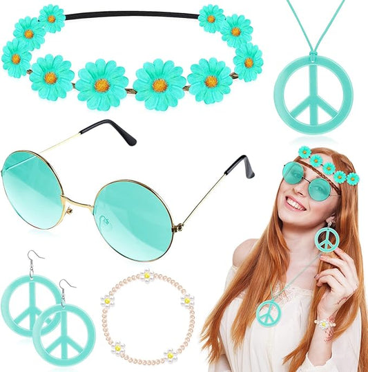 Batiyeer 6 Pcs Hippie Costume Accessories Set, Boho Peace Sign Daisy Flower 60s 70s Party Favors Decor for Groovy Party Women