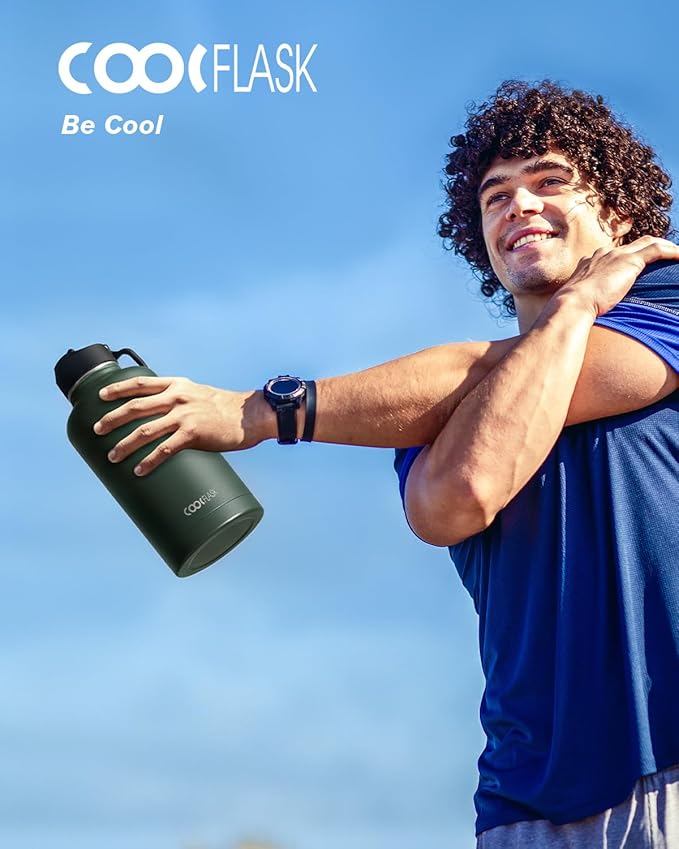 Half Gallon Water Bottle Insulated with Straw & 3 Lids, Coolflask 64 oz Water Jug Large Metal Stainless Steel Wide Mouth for Sports, Gym or Office, Non-BPA Keep Cold 48H Hot 24H, Dark Green