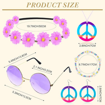 Batiyeer 6 Pcs Hippie Costume Accessories Set, Boho Peace Sign Daisy Flower 60s 70s Party Favors Decor for Groovy Party Women