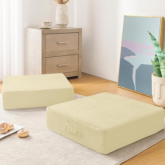 Solid Square Floor Pillows for Adults Kids - Large Meditation Floor Pillow Seating Cushion with Thick Foam & Washable Velvet Cover, 2 Pack, 22x22x5 Inch, Beige