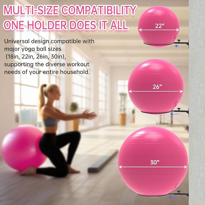 Universal Wall Mounted Yoga Ball Holder 12 Inch, Adjustable Metal Exercise Ball Storage Rack for 14-30 Inch Stability Balls, Stability Ball Holder for Home Gym/Garage (2pack)