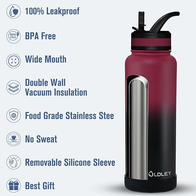 OLDLEY 40 oz Insulated Water Bottle With Straw, Stainless Steel Sports Water Cup Flask with 3 Lids(Straw, Spout and Handle Lid) Double Walled Travel Thermal Canteen Mug,Dark Rainbow