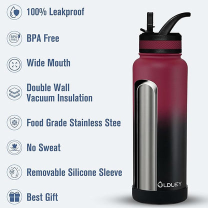 OLDLEY 40 oz Insulated Water Bottle With Straw, Stainless Steel Sports Water Cup Flask with 3 Lids(Straw, Spout and Handle Lid) Double Walled Travel Thermal Canteen Mug,Dark Rainbow