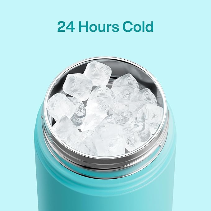 Insulated Water Bottle with Straw - Encool Stainless Steel Water Bottle, Leak-Proof, BPA-Free, Double Wall Vacuum Keeps Cold for 24 Hours for Sports, Travel, School (18 oz, Aquamarine Blue)