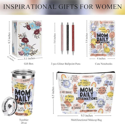 Mom Daily Affirmations for Women Mom Gifts Mother Mental Health Birthday Christmas Mothers Day Inspirational Thank You Gifts for Women Mama Mommy to Be, 20oz Tumbler Makeup Bag Pen Notebook, 6PCS