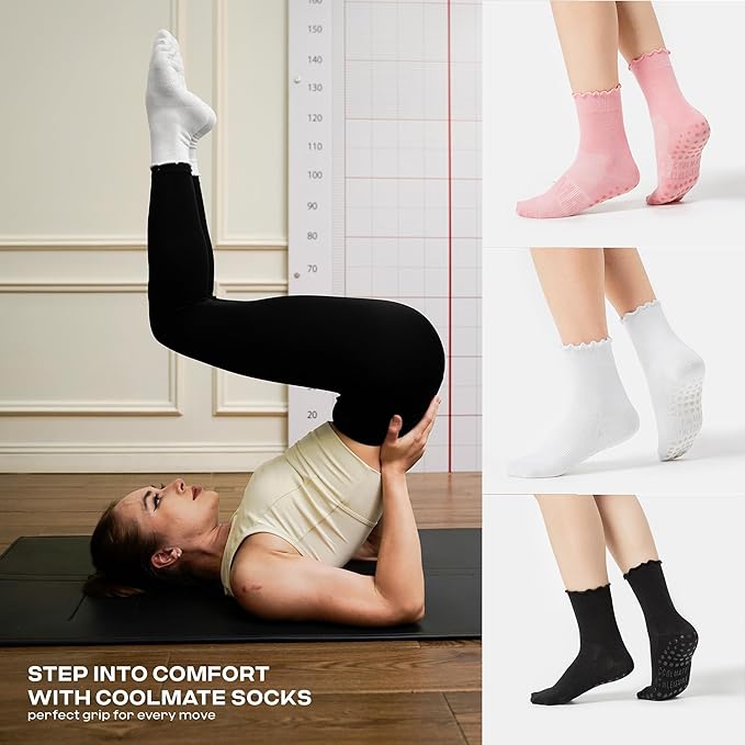 CoolMate Pilates Socks with Grips for Women, Yoga Socks, Crew Non Slip Women for Workout, Barre, Pilates Gifts