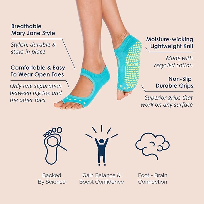 Tucketts Toeless Pilates Socks with Grips for Women, Non-Slip Yoga & Barre Socks for Stability & Barefoot Workouts, Size 6-13