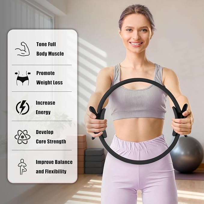 RitFit Pilates Kit - 14 Inch Pilates Ring Magic Circle with Pilates Ball, Resistance Bands & Yoga Strap, Pilates Equipment for Home Workout Toning Thighs, Arms and Core (Black/Pink)