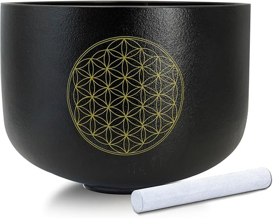10 inch D Note Black Life of Flower Crystal Singing Bowl Navel Chakra Meditation Sound Healing with Suede Striker O-ring