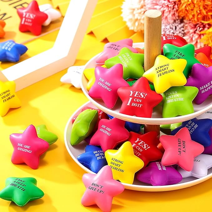 Sotiff 100 Pack Star Stress Balls Bulk Stress Relief Balls with Motivational Quotes Mini Inspirational Foam Party Favors Gifts for Kids Adults Anger Fidget Relief Exercise(Bright Colors)
