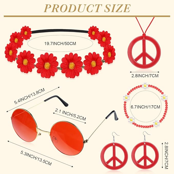 Batiyeer 6 Pcs Hippie Costume Accessories Set, Boho Peace Sign Daisy Flower 60s 70s Party Favors Decor for Groovy Party Women