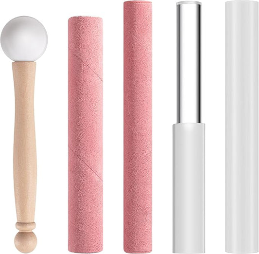 Nuanchu 5 Pcs Crystal Singing Bowl Mallet Set Includes Sheepskin Solid and Hollow Sound Sticks Singing Bowl Rubber Mallet with Wood Handle Clear Acrylic Striker for Playing (Pink)