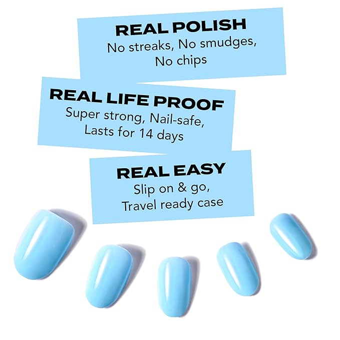 Short Baby Blue Press On Nails - Hard Candy Glue On Nails | Short Round False Nails with Real Light Blue Polish | 24 Nail Kit in 12 Sizes, Strong Glue & Reusable Travel Case Included.