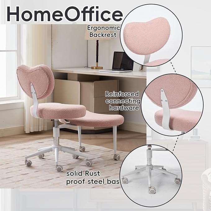 Meditation Chair with Wheels, Ergonomic Criss Cross Chair, Adjustable ADHD Floor Sitting Chair, Swivel Cross Legged Office Chair with High Back, Kneeling Posture Chair, Teddy Fabric,Pink