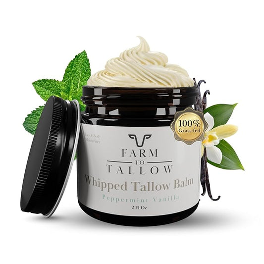 FARM TO TALLOW 100% Grass-Fed Beef Tallow for Skin, Face & Body – Peppermint Vanilla Moisturizer Made with Olive Oil – Gentle & Hydrating Natural Skincare Cream for Dry, Sensitive Skin – 2 Oz