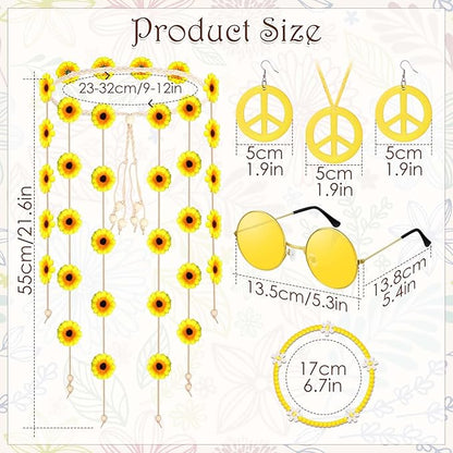 6 Pcs Hippie Costume Accessories Set, Flower Hippie Headband Boho Peace Sign Necklace Earrings Sunglasses Bracelet