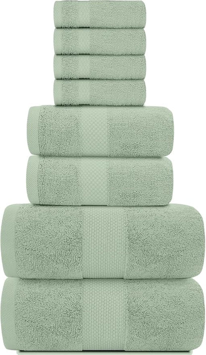 White Classic Luxury Bath Towel Set of 8 Pieces - 100% Turkish Cotton Highly Absorbent Towels for Bathroom, 2 Luxury Bath Towels 700GSM, 2 Hand Towels, 4 Washcloths, Green
