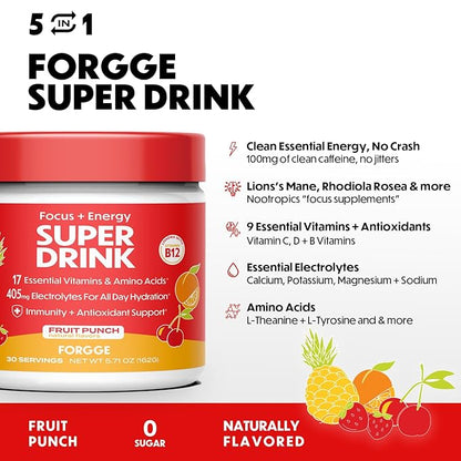 Forgge Healthy Energy Drink Powder Mix - Clean Caffeine + B12, B6, C & D Vitamins - Sugar Free Energy Drink Powder with Electrolytes, Amino Acids, Antioxidants, Lions Mane - Vegan, Keto-Friendly - 30 SVG, Fruit Punch