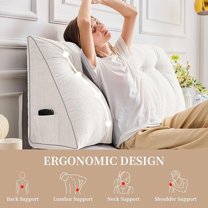 Sasttie Headboard Pillow Queen, Triangular Wedge Pillow Headboard, Wedge Headboard Pillow for Bed Sofa, Daybed Pillows for Sitting up, Reading or Working with Removable Cover, White