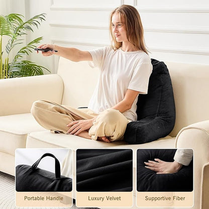 Sasttie Reading Pillow, Velvet Back Pillow for Bed Sitting Up, Adult Back-Rest Support Cushion with Arms for Sit Up on Couch, Sofa, and Floor, Dorm Essentials, Reading Accessories, Black