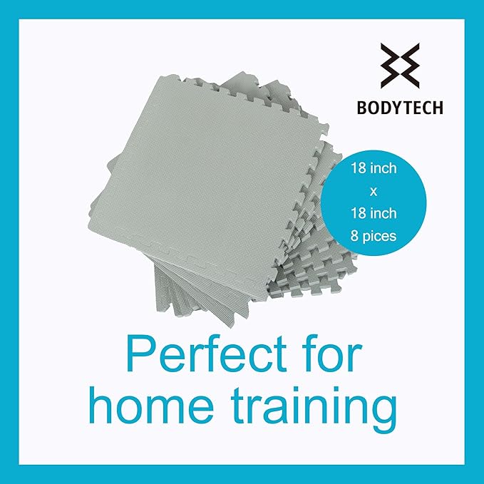 BODYTECH Puzzle Exercise Mat Interlocking Foam and Tile Mats for Home Gym. Floor Padding for Small Child. Gray Color 18 x 18 x ½ Thick 8 Sheet 18 SQFT