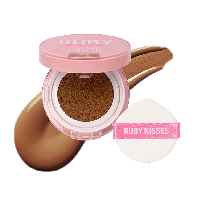 Ruby Kisses Cushion Foundation, Full Coverage Korean Makeup, Lightweight & Long Lasting, All Day Natural Glowy Finish for All Skin Types with Hyaluronic Acid & Bakuchiol (Deep Honey, 0.52 Ounce)