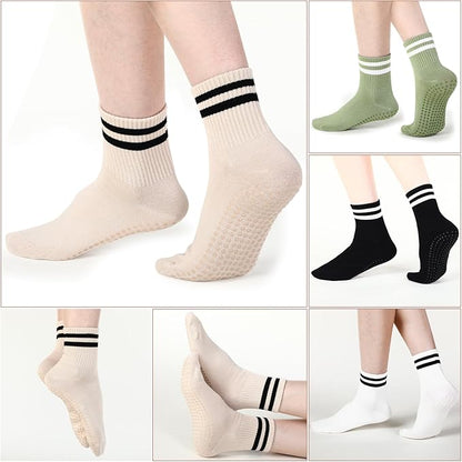 Jeyiour 4 Pairs Womens Pilates Socks with Grip Long Non Slip Yoga Crew Socks for Barre Hospital Home Workout