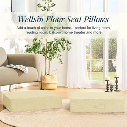 Solid Square Floor Pillows for Adults Kids - Large Meditation Floor Pillow Seating Cushion with Thick Foam & Washable Velvet Cover, 1 Pack, 22x22x5 Inch, Beige