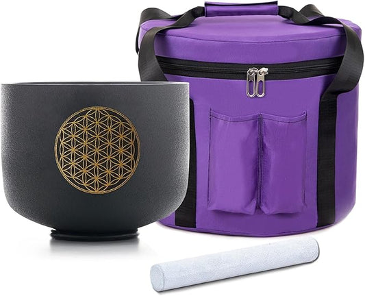 8" C Note 528HZ Flower of Life Black Crystal Singing Bowl Frosted Quartz Root Base Chakra Meditation Sound Healing with Durable Carrying Case Suede Striker O-ring