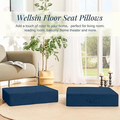 Solid Square Floor Pillows for Adults Kids - Large Meditation Floor Pillow Seating Cushion with Thick Foam & Washable Velvet Cover, 2 Pack, 22x22x5 Inch, Dark Blue