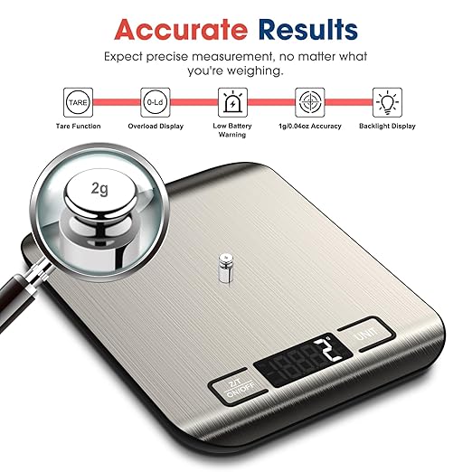 Mik-Nana Food Scale, 22lb Digital Kitchen Scale Weight Grams and Ounces for Baking Cooking Coffee Package Postage, 6 Units with Tare Function, LCD Display, Easy Clean Stainless Steel