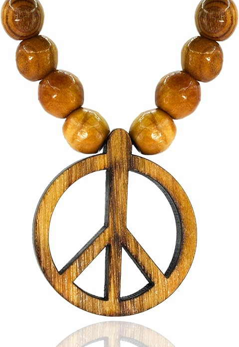 SANAD Peace Sign Necklace Olive Wood – Handmade Hippie Jewelry from Jerusalem – 60s 70s Costume Accessory – Lightweight Retro Pendant for Men & Women