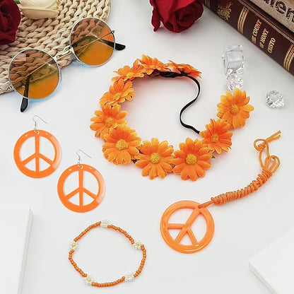 Hippie Costume Accessories Set Peace Sign Necklace Sunglasses Flower Headband Earrings for 60s 70s Outfit Party Women