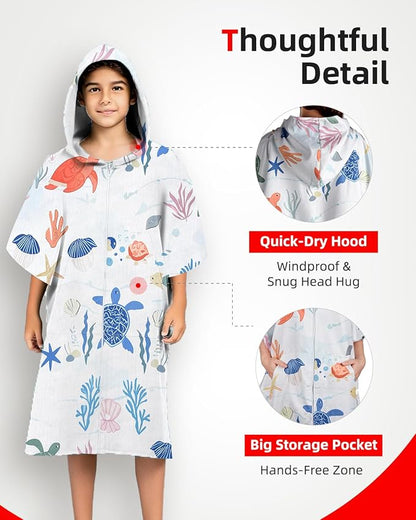 Abahub Surf Poncho Women & Men Towel Poncho Adult with Hood, Thick Quick Dry Changing Poncho Towel, Microfiber Wearable Cover Up for Surfing Beach Swim - Absorbent Changing Towel S (White seabed)