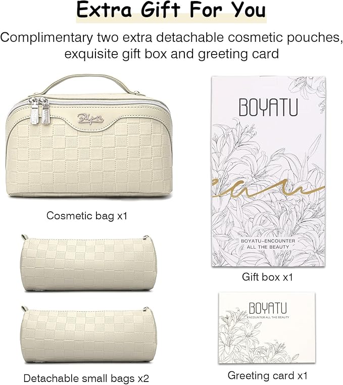 BOYATU Travel Makeup Bag Organizer Cosmetic Bag: 3 Pcs Set Make up Bags for Women with Handle - Waterproof Vegan Leather Toiletry Bags Travel Essentials Pouch with Compartments (C-04-Beige)
