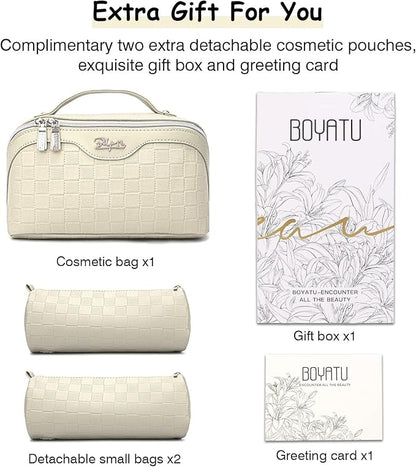 BOYATU Travel Makeup Bag Organizer Cosmetic Bag: 3 Pcs Set Make up Bags for Women with Handle - Waterproof Vegan Leather Toiletry Bags Travel Essentials Pouch with Compartments (C-04-Beige)