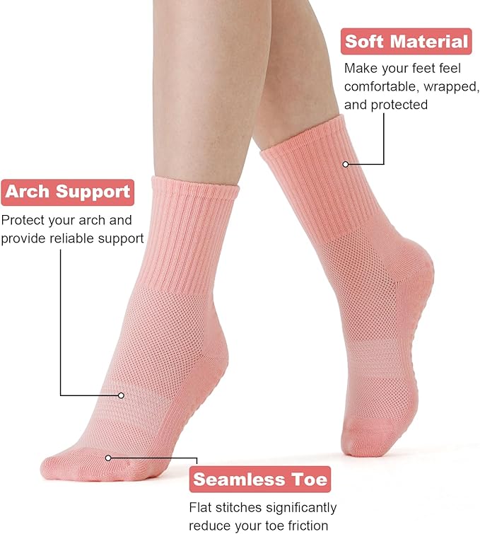 Breslatte Crew Pilates Socks with Grips for Women Non Slip Cotton Grip Socks for Yoga Hospital Barre Home Daily