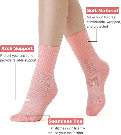 Breslatte Crew Pilates Socks with Grips for Women Non Slip Cotton Grip Socks for Yoga Hospital Barre Home Daily