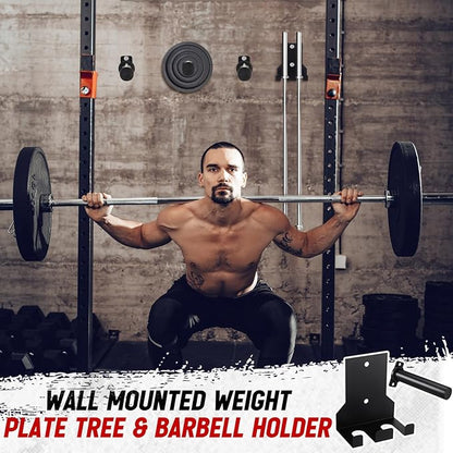 Shimeyao 4 Pack Wall Mounted Weight Plate Holder for 2" Weight Plate and 1 Pack 2 Hooks Barbell Hanger, Vertical Barbell Mount Rack for Garage Home Gym Organizer Accessory