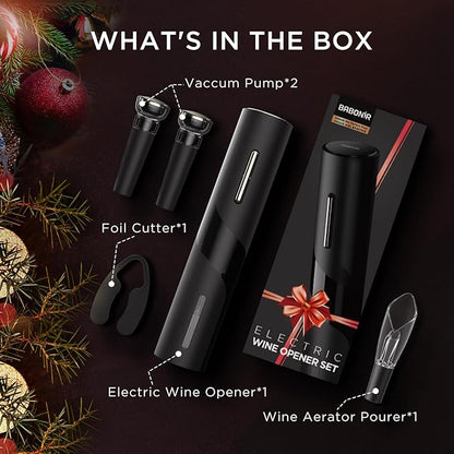 Electric Wine Opener Set - Automatic Electronic Bottle Openers with Greeting Card, Vacuum Stoppers, Wine Aerator, and Foil Cutter, Ideal Present for Wine Lovers, Party, and Home Entertaining