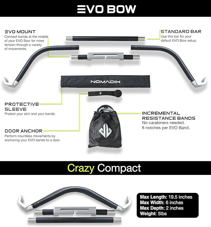 EVO Bow - All in One Portable Home Gym System | Compact Strength Training and Exercise Equipment for Travel with Notched Resistance Bands for Full Body Training and Weighted Pushups | 300lbs