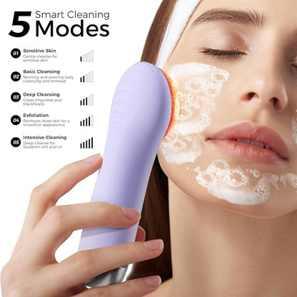 Facial Cleansing Brush: Rechargeable LED Electric Face Cleansing Brush with 4 Gentle Light Liquid Silicone Modes Face Scrubber Exfoliator,IPX7 Waterproof Ideal Gift for Men and Women-Purple